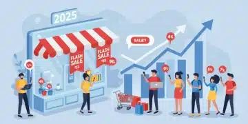 Futuristic online store with flash sale banners and excited shoppers, symbolizing a major sales spike in 2025.