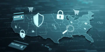 2025 US Data Privacy Laws: E-commerce Compliance Guide Digital illustration of data privacy shield over US map for e-commerce compliance