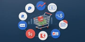 Illustration of alternative payment icons around a shopping cart, symbolizing increased e-commerce conversions in the US.