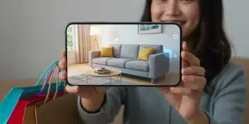 Woman using augmented reality app to visualize furniture in her home before purchase, reducing returns.