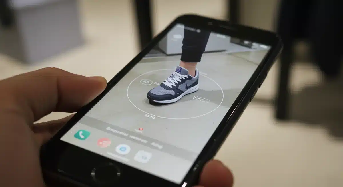 Augmented reality app showing virtual sneakers on a foot for accurate sizing and fit.