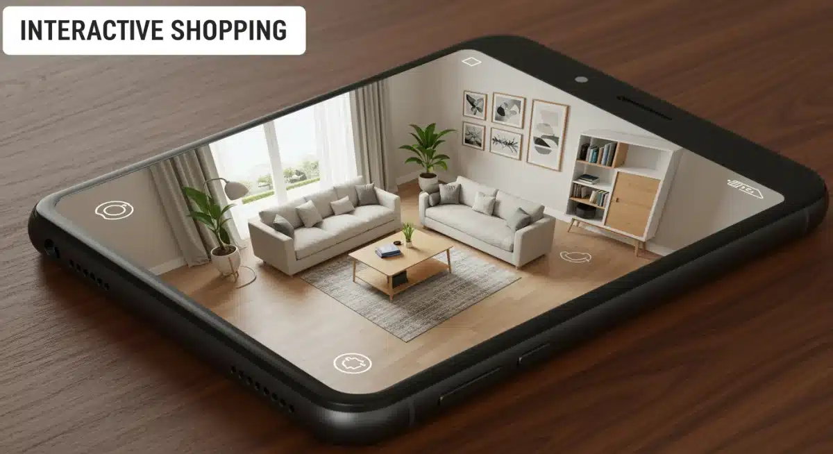 Augmented reality app showing virtual sofa in living room