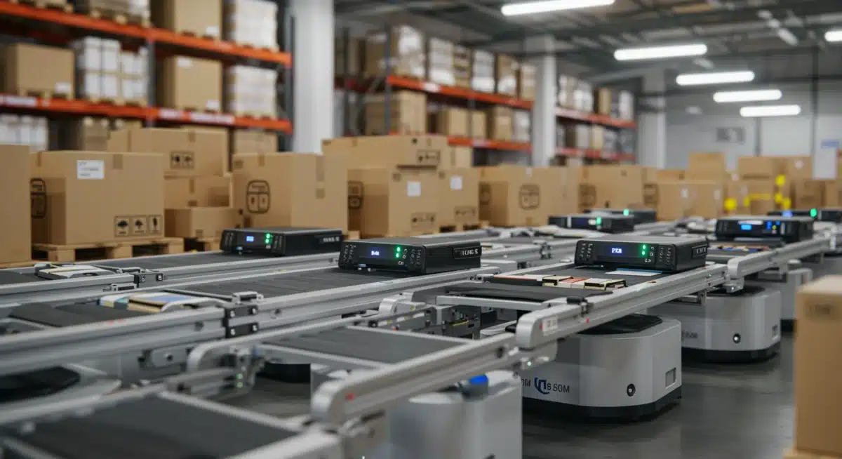 Automated warehouse with robots fulfilling direct-to-consumer orders, showcasing efficient logistics