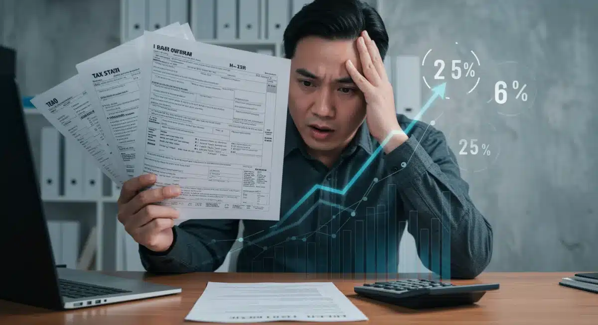 Stressed business owner reviewing tax documents with rising percentages
