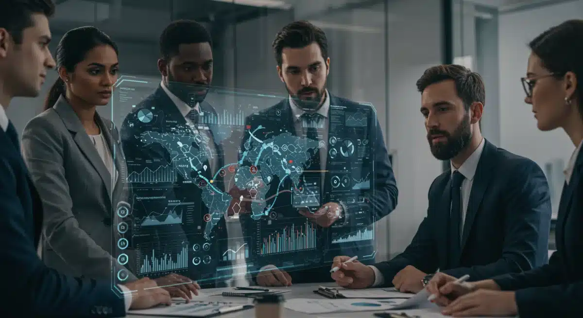 Business team analyzing supply chain compliance data