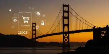 California Age Verification Laws 2025: E-commerce Compliance Guide Golden Gate Bridge with e-commerce icons, symbolizing California's 2025 age verification laws and digital security.