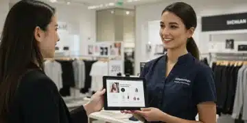 Retail associate using tablet for personalized clienteling with smiling customer in modern store.