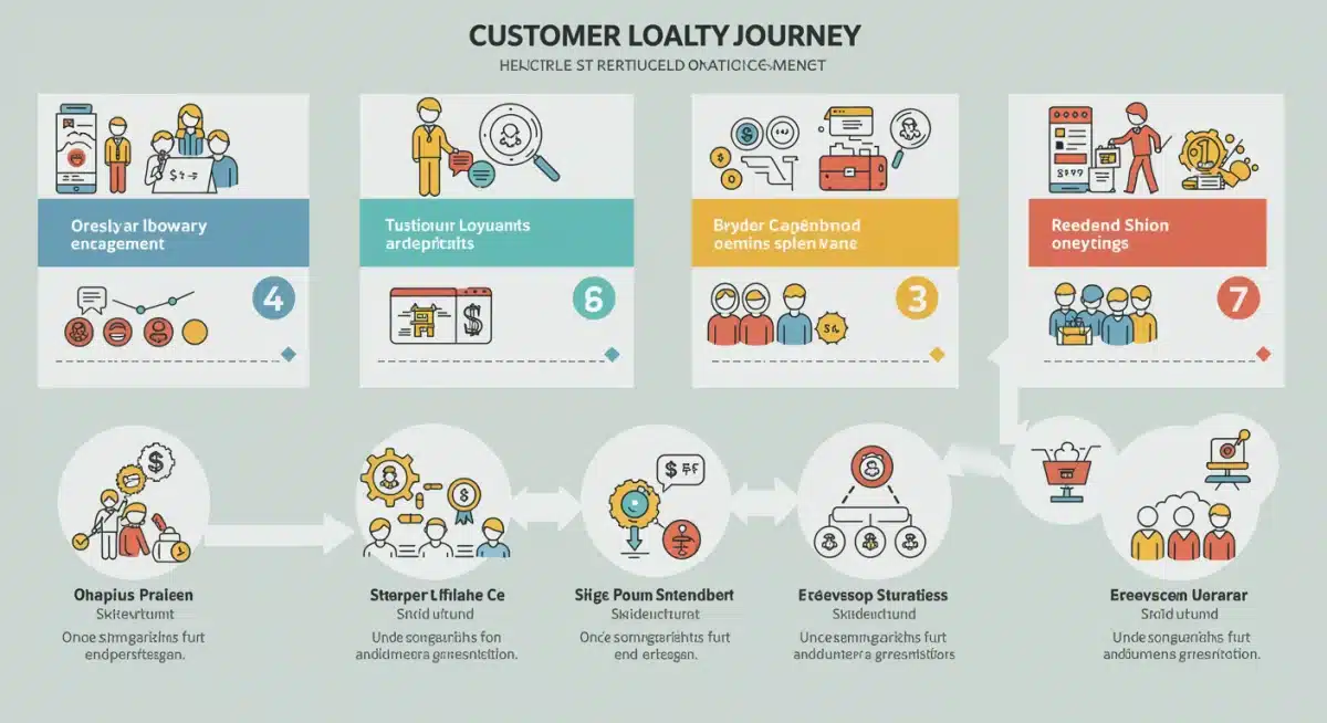 Infographic depicting the customer loyalty journey with stages like acquisition, engagement, reward, and advocacy.
