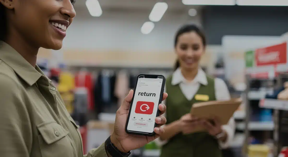 Customer happily processing an easy return on a mobile device