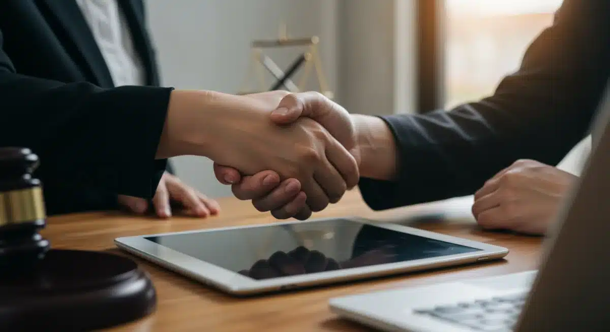 Digital handshake over a tablet, representing enhanced trust and legal agreements in e-commerce.