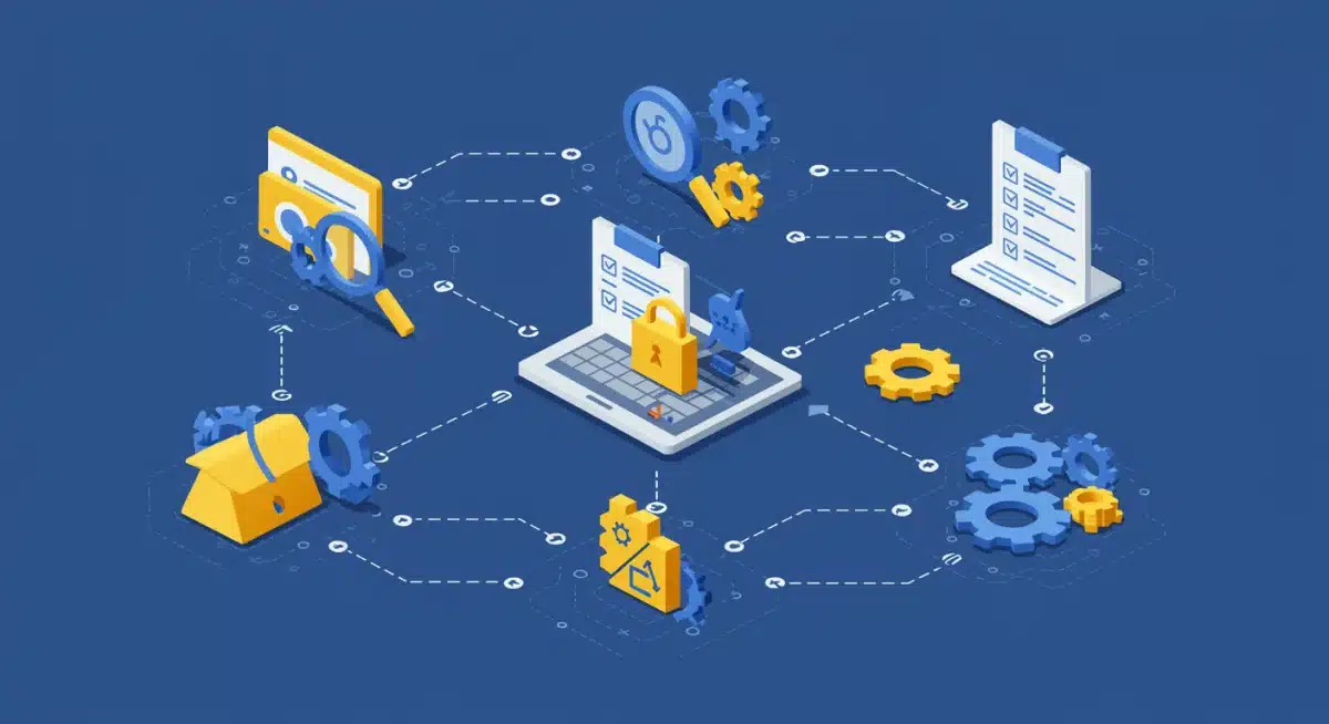 Digital illustration of e-commerce data flow and compliance checks