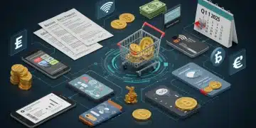 Digital payment methods converging on a retail storefront with regulatory documents and a Q1 2025 calendar overlay.