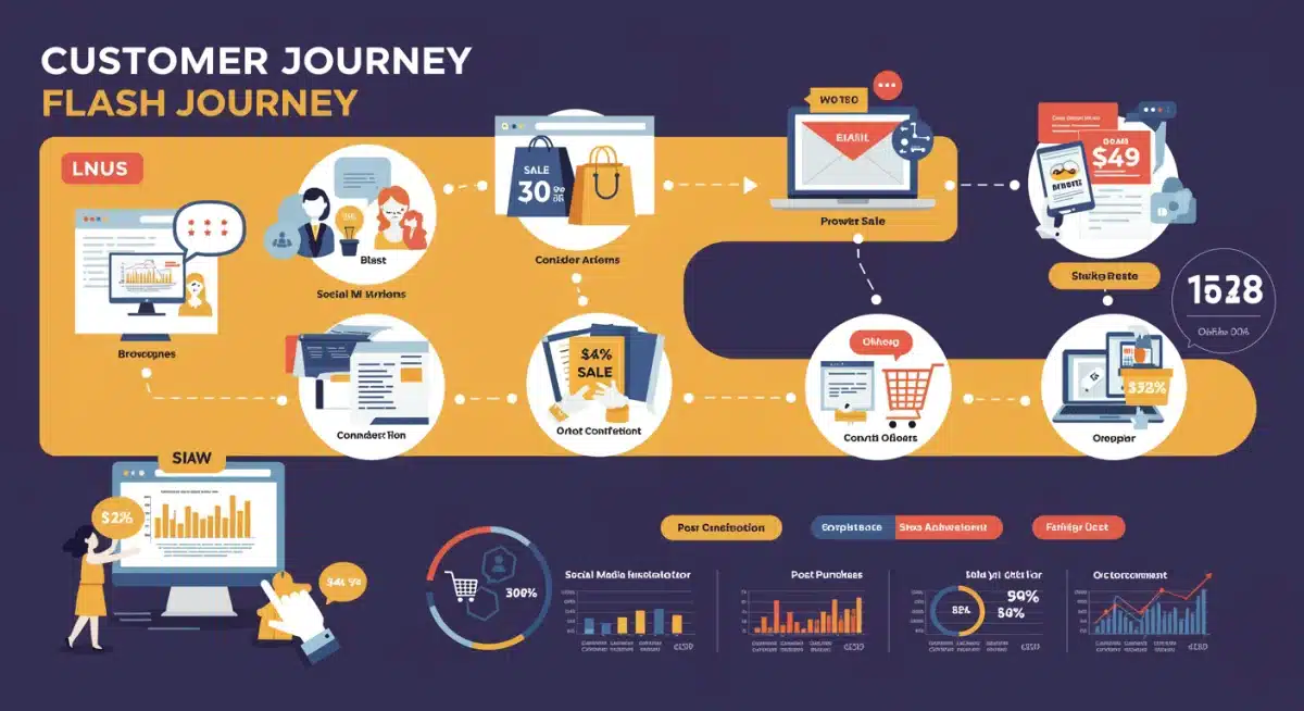 Infographic showing a customer journey map for a flash sale, detailing awareness, engagement, purchase, and post-sale phases with data points.