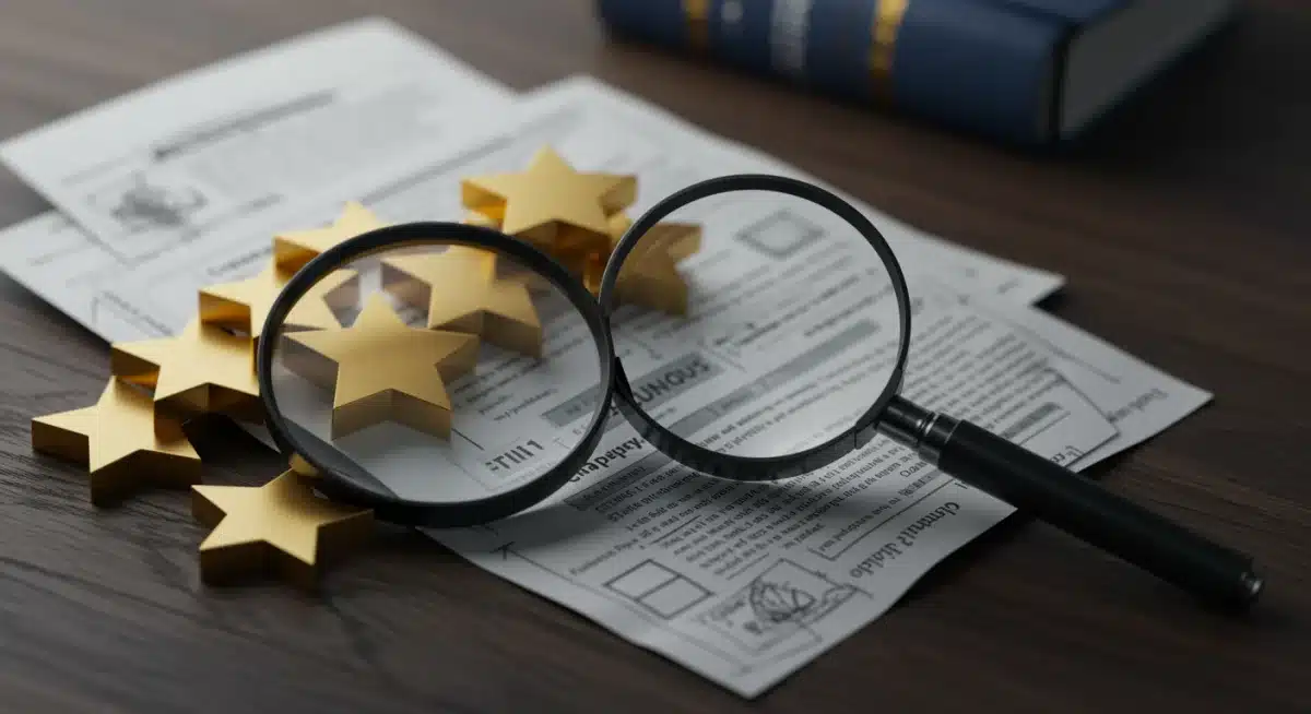 Magnifying glass examining online review stars with legal documents