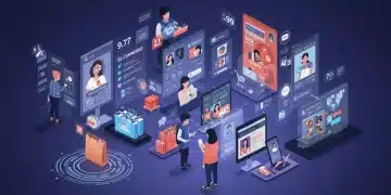 Futuristic e-commerce interface with AI chatbots enhancing customer experience and reducing support costs.