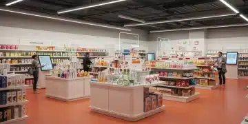 Futuristic retail store with AI merchandising displays and engaged shoppers