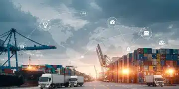 Digital illustration of a global e-commerce supply chain with data analytics