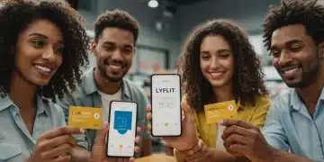 Happy customers engaging with a modern loyalty program in a retail store setting, showcasing satisfaction and brand connection.