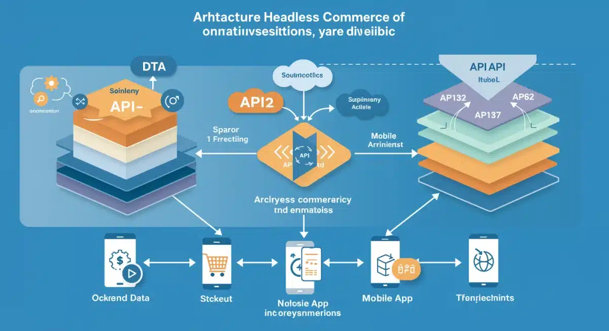 Infographic showing headless commerce architecture with decoupled frontend and backend.