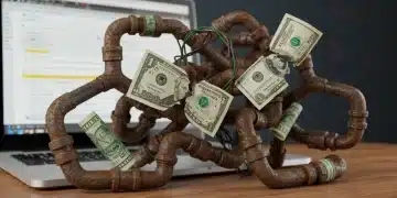 Tangled legacy payment system pipes with dollar bills, symbolizing hidden costs in e-commerce