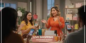 Dynamic live shopping host engaging with audience and products, illustrating revenue growth potential for online stores in 2025.