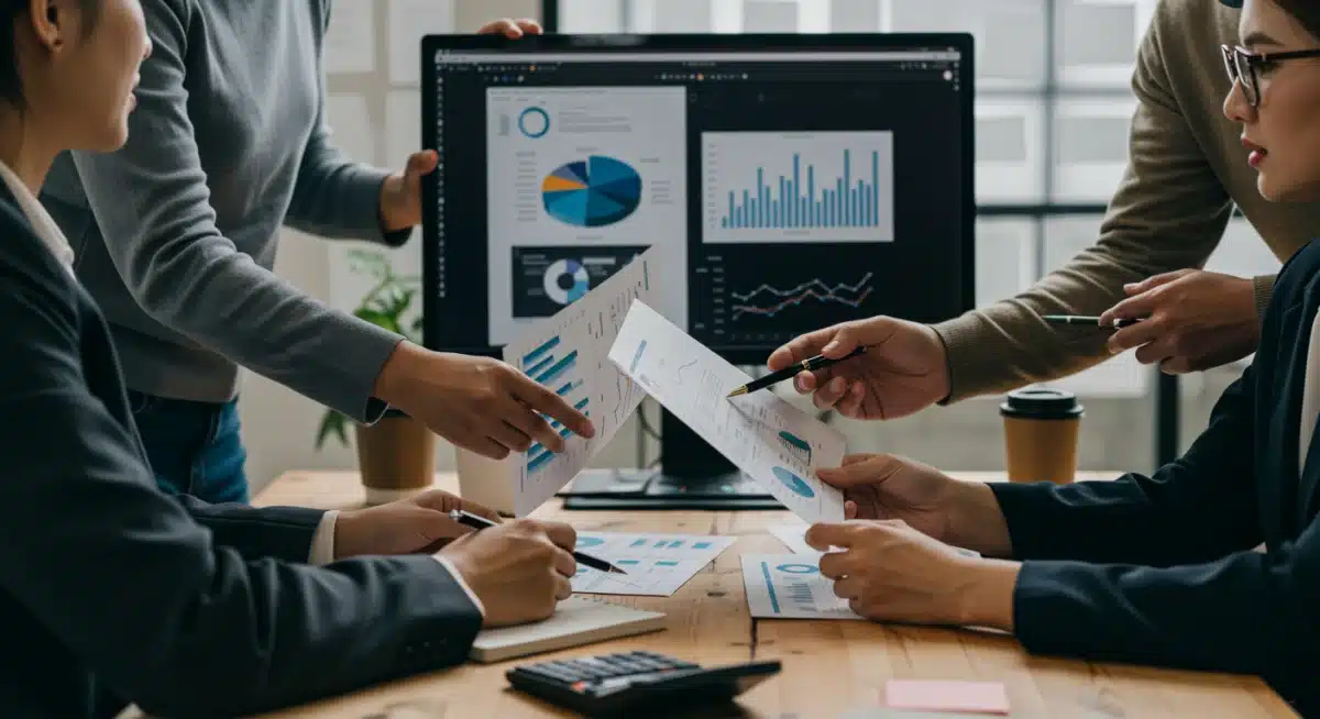 Marketing team reviewing data and legal documents to adapt to new online advertising regulations.