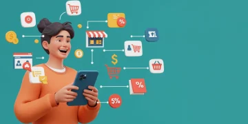 Woman smiling while effortlessly shopping on her smartphone, showcasing a smooth mobile commerce experience.