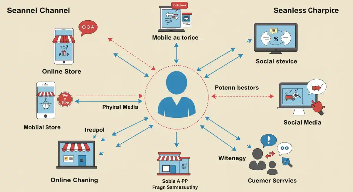 Omnichannel retail ecosystem infographic showing interconnected channels