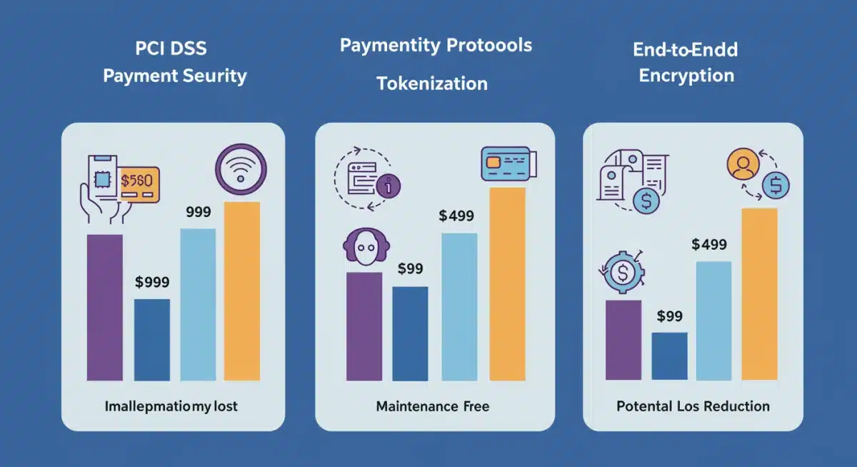 Infographic comparing costs and benefits of PCI DSS, tokenization, and end-to-end encryption for online stores.