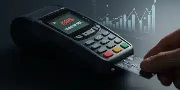 Modern payment terminal processing a credit card with reduced transaction fees displayed, symbolizing financial savings for businesses.