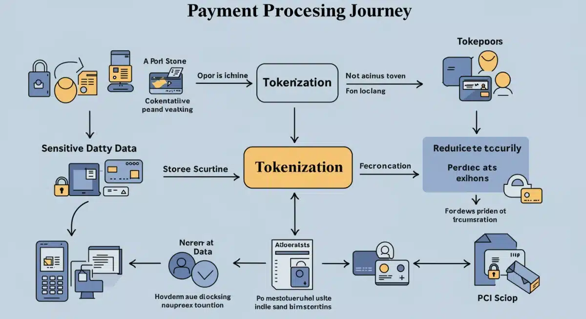 Payment processing flowchart with tokenization reducing PCI scope