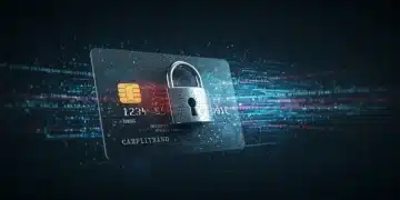 Digital lock on credit card with glowing data streams, highlighting March 2025 for PCI DSS 4.0 compliance.