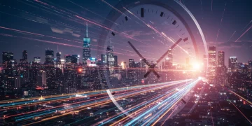 Futuristic city with data lines, clock, illustrating real-time payment acceleration in US retail settlements.