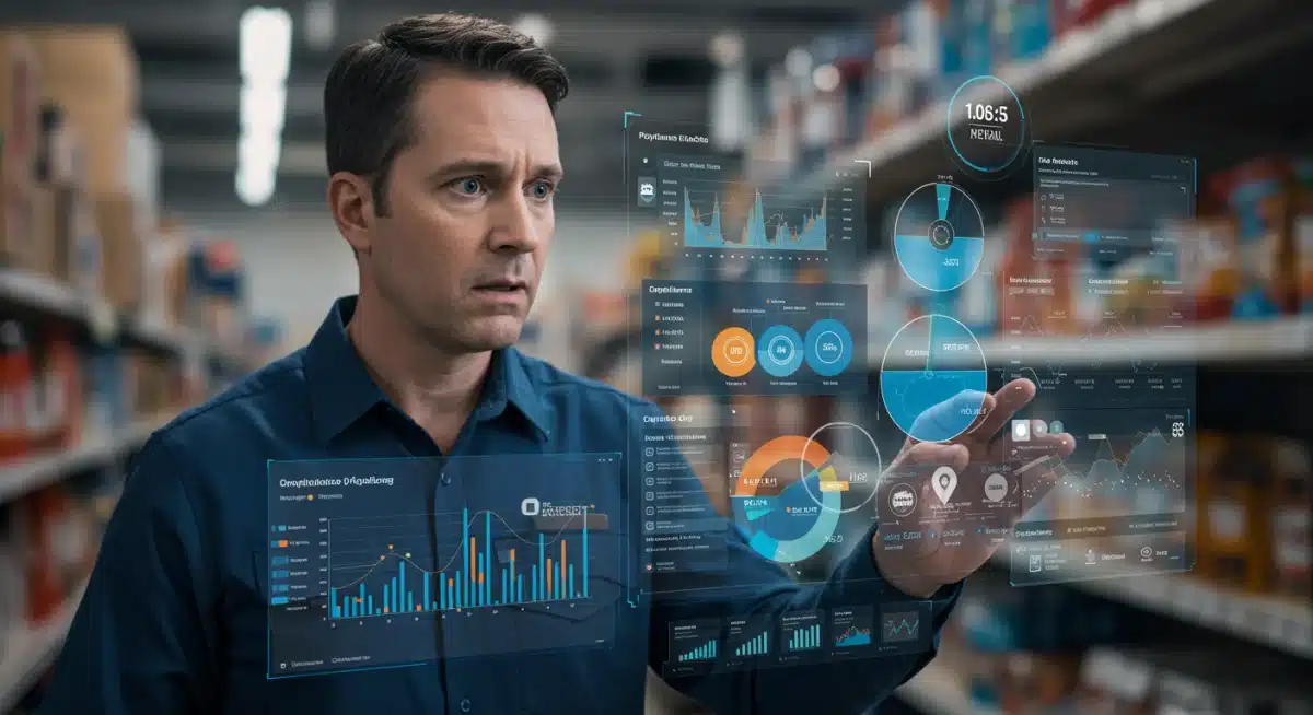 Retail manager analyzing a digital dashboard for payment compliance and risk assessment.