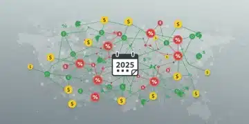 Complex sales tax nexus web with 2025 calendar and financial symbols