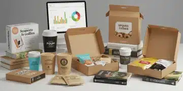 Variety of subscription boxes open on a desk with a tablet showing growth charts.