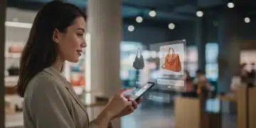Woman using visual search on phone for handbag in e-commerce store