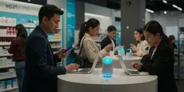 Consumers using voice assistants for shopping in a futuristic retail setting.