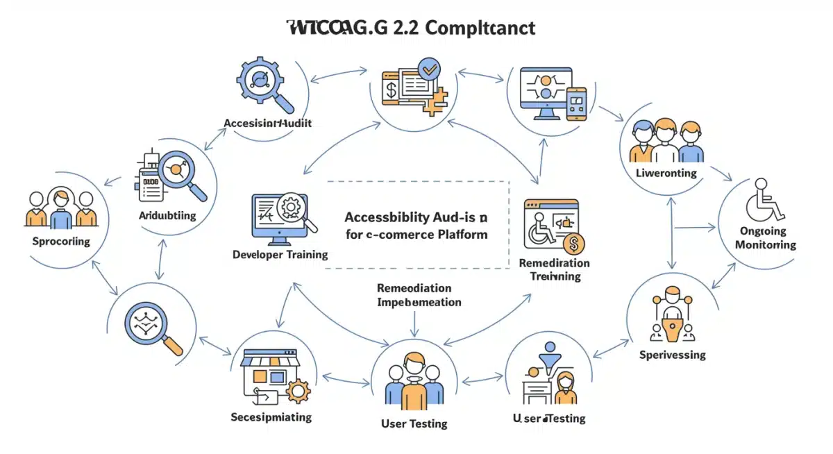 Flowchart depicting steps for WCAG 2.2 compliance for e-commerce.